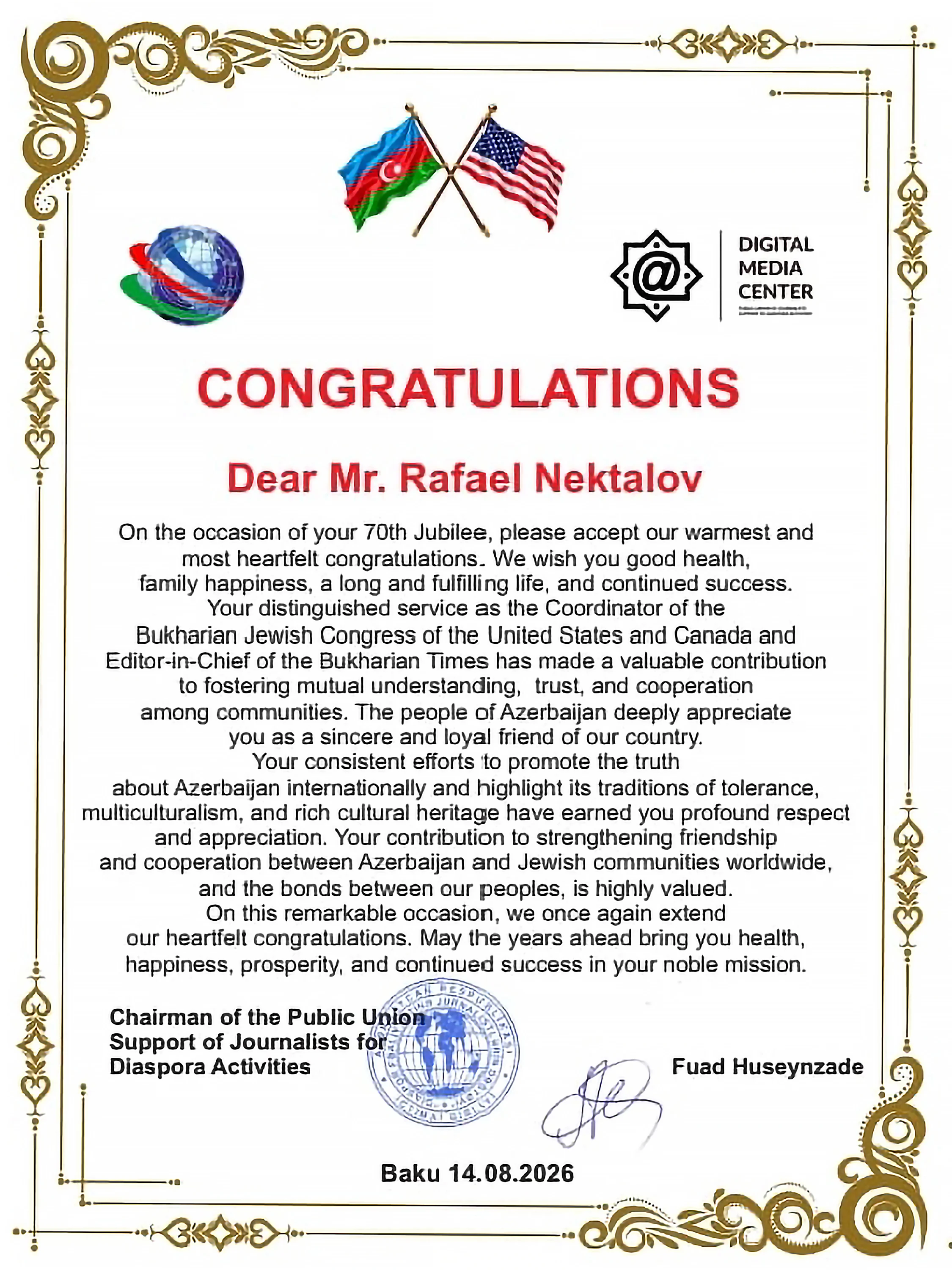 CONGRATULATIONS Dear Mr. Rafael Nektalov