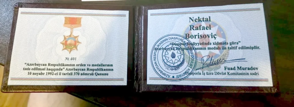 Azerbaijan Honors Rafael Nektalov With Diaspora Service Medal